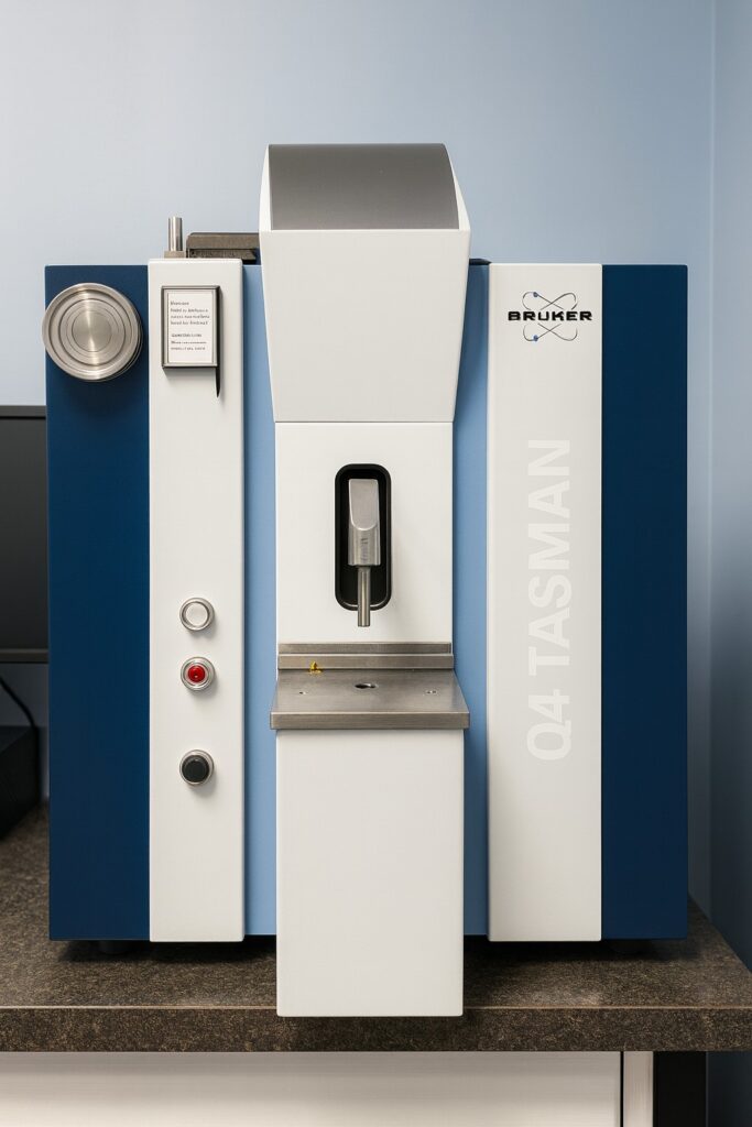 Bruker Machine, used for optical emission spectroscopy to generate precise elemental analysis for ferrous and nonferrous alloys, supporting both routine quality checks and detailed material certification
