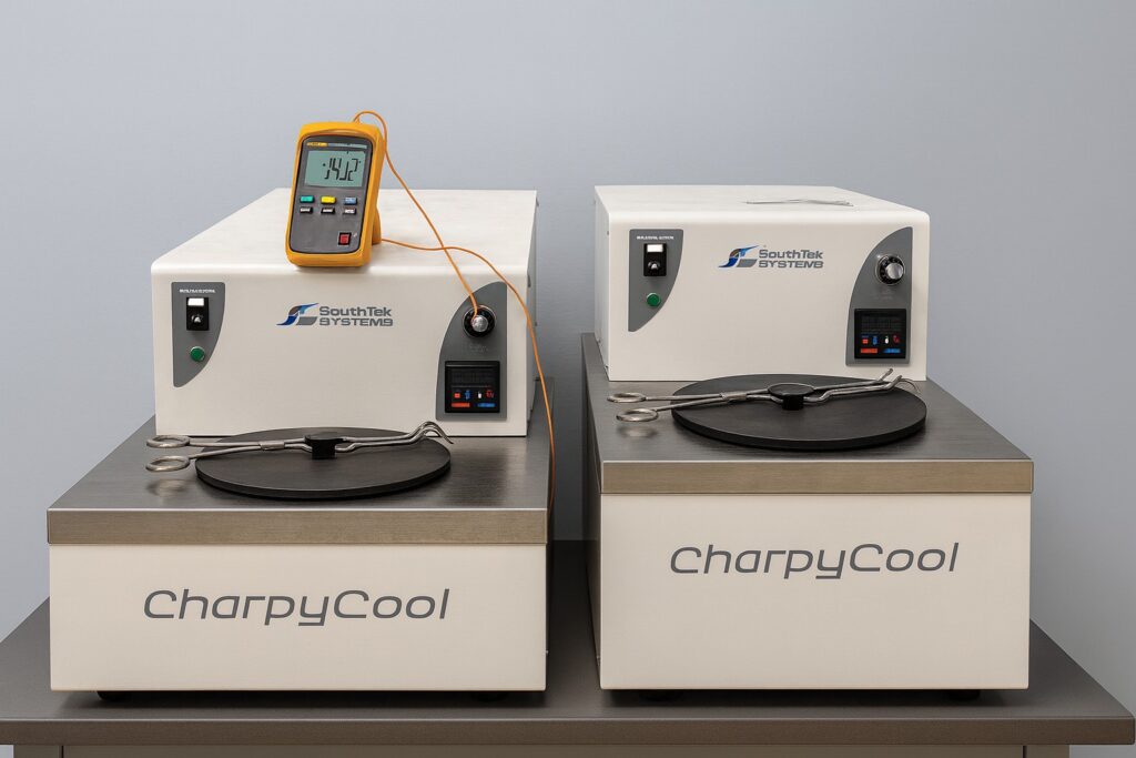 Charpycool machine on a workbench used to cool items below freezing to test their performance in a cold environment