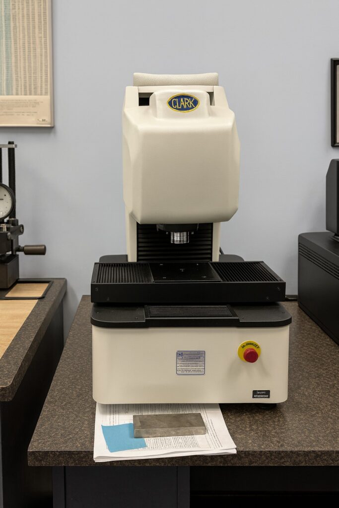 clark micro hardness testing machine on a workbench