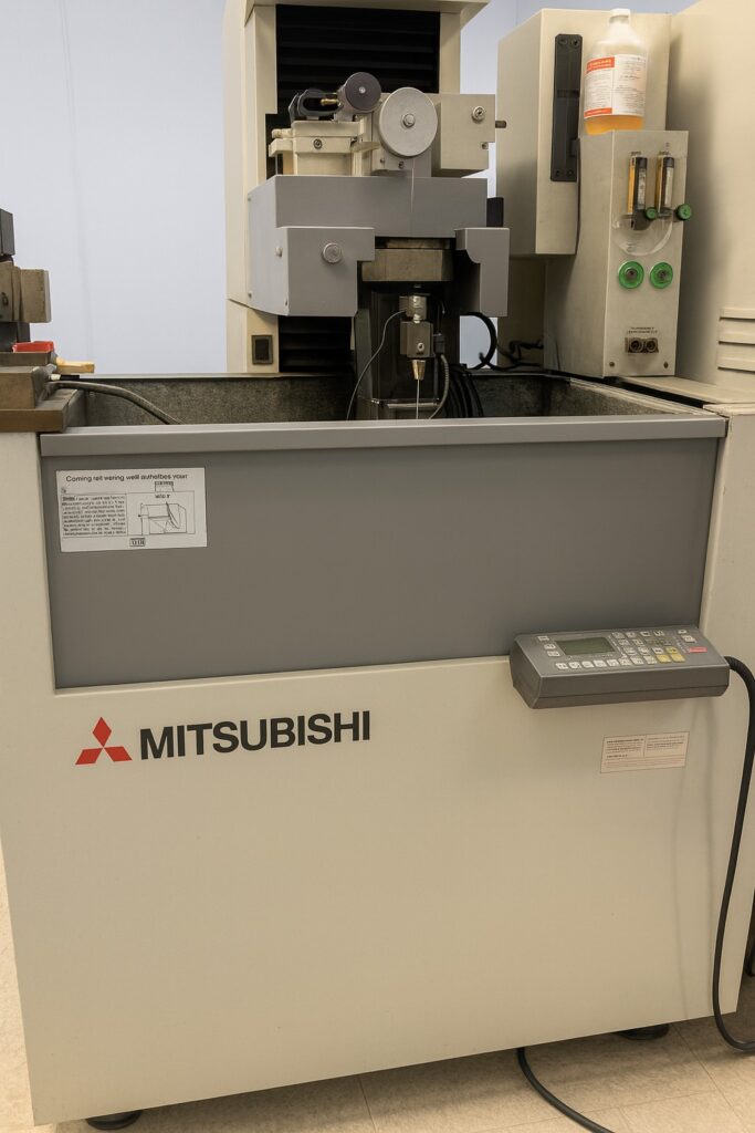 Mitsubishi EDM machine used for sample preparation and testing hardness, microstructure and metallurgy
