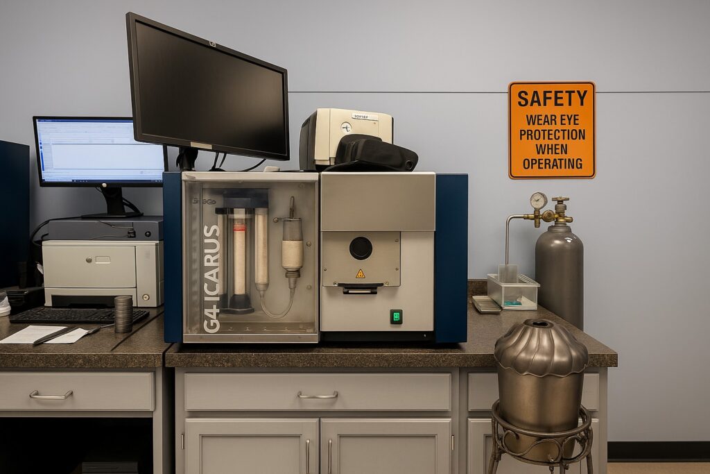 The Icarus testing machine analyzes the carbon and sulfur content of metals, sitting on a workbench