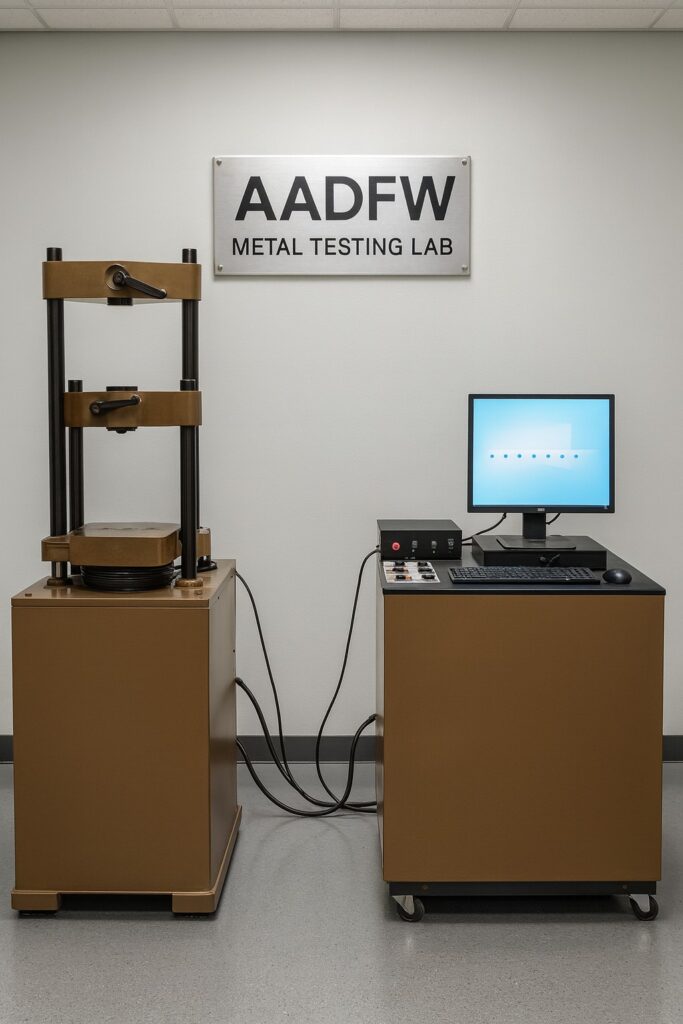 The Instron tensile frame performs tensile, compression, fastener tensile, and fatigue testing to define mechanical response across diverse metallic materials
