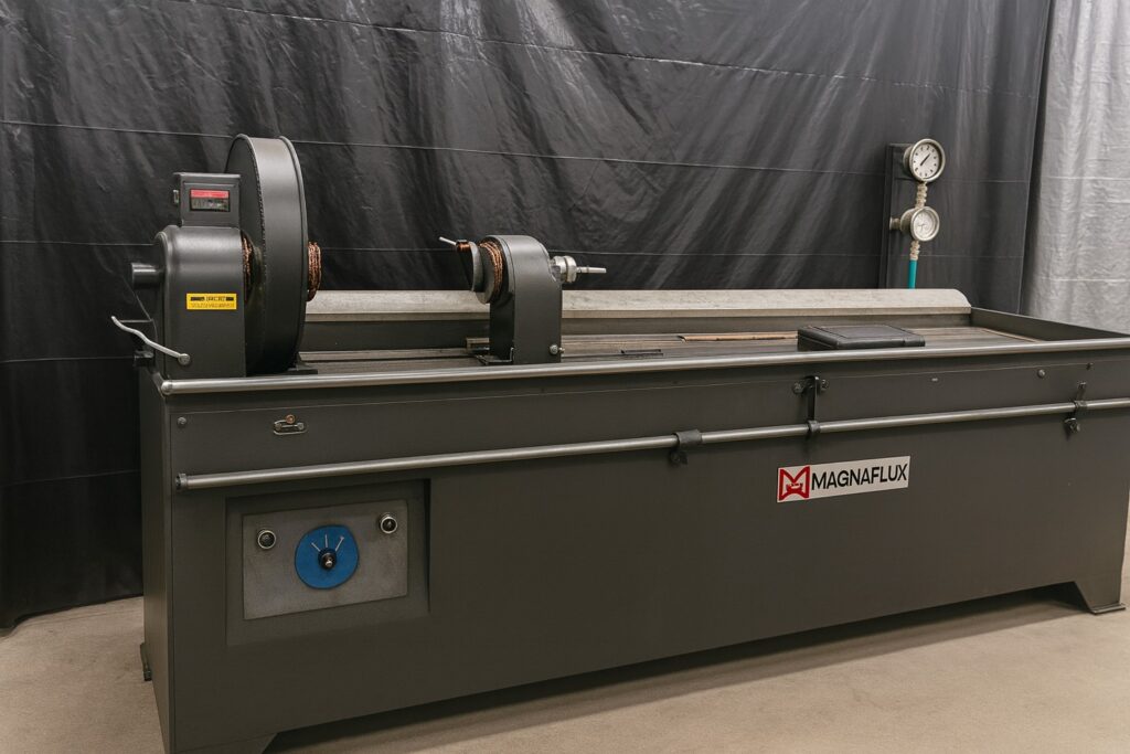 Magnetic particle testing bench, used to detect imperfections in a ferrous material's surface