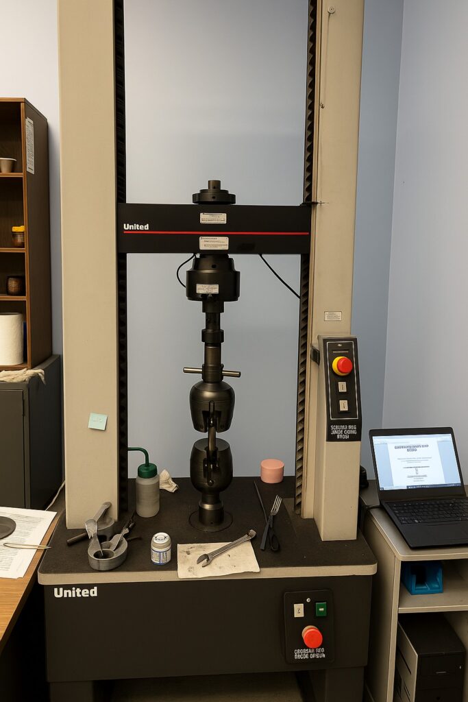 Tensile testing machine used to measure the tensile strength, ductility and elongation of materials