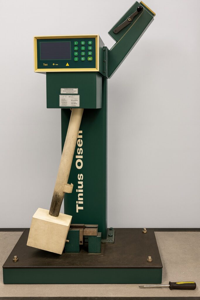 Tinius testing machine on a workbench, used to measure the strength, ductility and performance of various alloys in cold conditions